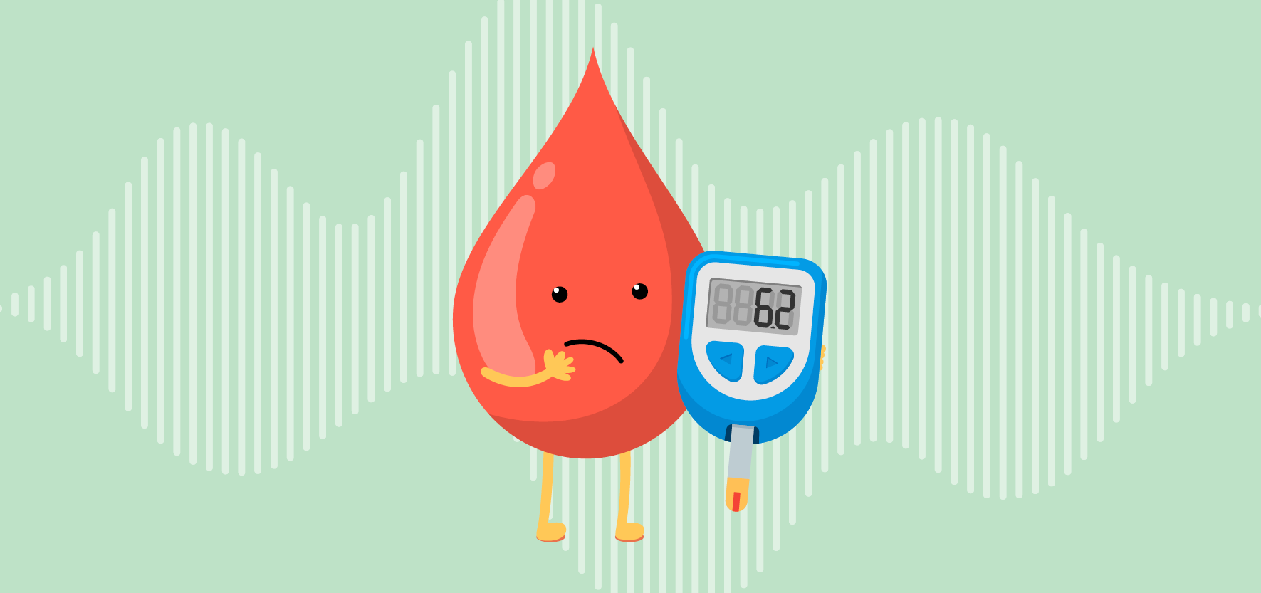 A cartoon blood drop with a sad face holds a glucose meter displaying a low reading